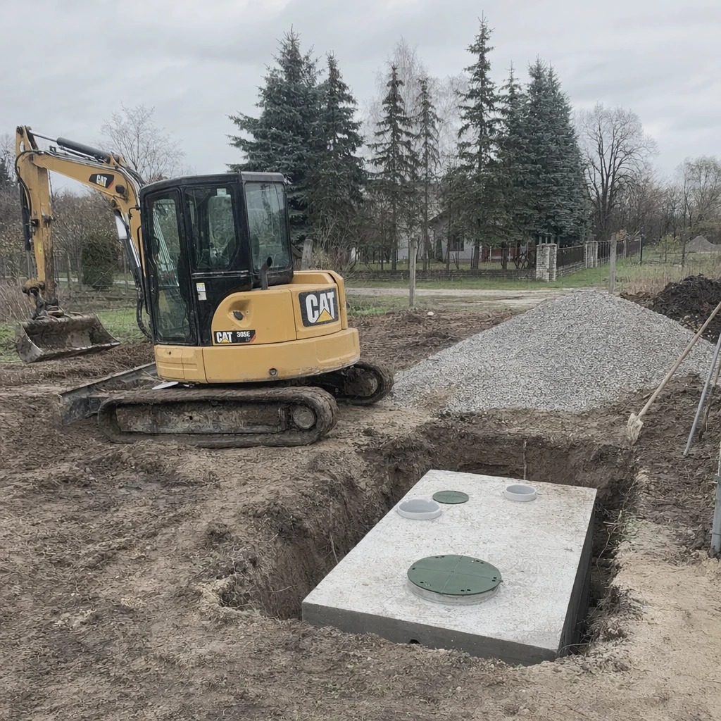 Koparka kopiąca wykop pod szambo betonowe