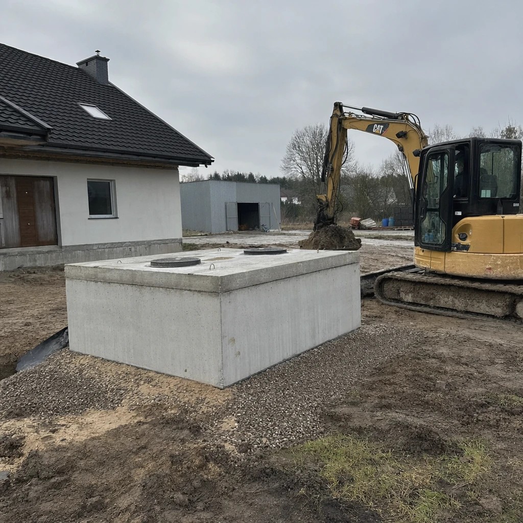 Betonowy zbiornik na szambo ustawiony na działce przed montażem