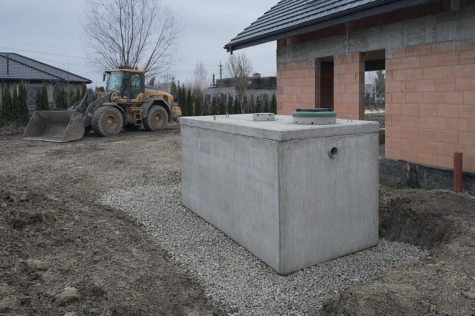 Betonowy zbiornik na szambo ustawiony na działce